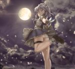  1girl apron ass bow braid clouds dagger dress full_moon grey_eyes hair_bow hair_ornament highres izayoi_sakuya leg_band leg_up looking_back maid_headdress moon night night_sky novcel panties pantyshot petals puffy_sleeves ribbon shoes short_hair short_sleeves silver_hair sky socks solo standing_on_one_leg touhou twin_braids underwear upskirt waist_apron watermark weapon web_address white_legwear white_panties 