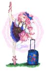  1girl arm_support ballet ballet_slippers dress glasses hair_ornament hair_ribbon hairclip leg_up long_hair pink_eyes pink_hair ribbon riccae side_ponytail smile solo suitcase thigh-highs tiptoes 
