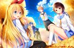  4girls autumn autumn_leaves black_legwear blonde_hair blue_eyes blue_hair blue_sky brown_eyes brown_hair clouds flower gun hair_flower hair_ornament hair_ribbon handgun jacket kaho_okashii kirisaki_chitoge long_hair long_sleeves looking_at_viewer looking_back multiple_girls neckerchief nisekoi one_eye_closed onodera_kosaki open_clothes open_jacket open_mouth panties pants pantyshot pantyshot_(sitting) ribbon school_uniform serafuku shirt short_hair sitting skirt sky smile tachibana_marika thigh-highs tree tsugumi_seishirou twintails underwear very_long_hair wariza weapon white_panties zettai_ryouiki 