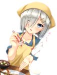  1girl apron blue_eyes bowl breasts bright_background chopsticks fish food giving hair_ornament hair_over_one_eye hairclip hamakaze_(kantai_collection) head_scarf heart highres kantai_collection looking_at_viewer moeki_yuuta open_mouth plate rice school_uniform serafuku short_hair silver_hair simple_background smile solo soup table white_background 