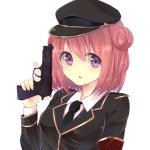  akaza_akari armband cap gun handgun highres necktie pink_eyes pink_hair ria_(riaponyo) trigger_discipline uniform weapon yuru_yuri 