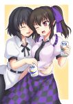  2girls ^_^ beer_can belt black_hair blush brown_hair checkered checkered_skirt closed_eyes commentary_request d; drunk frills gomi_(gomitin) hair_ribbon hand_on_another&#039;s_hip himekaidou_hatate hug multiple_girls necktie no_hat one_eye_closed open_mouth puffy_short_sleeves puffy_sleeves red_eyes ribbon shameimaru_aya short_hair short_sleeves skirt smile touhou twintails yuri 