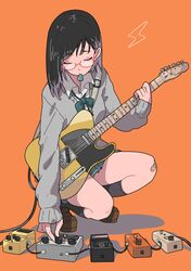  1girl bandaid bandaid_on_knee black_hair black_legwear brown_shoes commentary_request effects_pedal glasses guitar highres instrument lightning_bolt mouth_hold orange_background original plectrum red-framed_glasses school_uniform shoes solo telecaster yuuho 