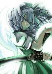  bangs blue_eyes blunt_bangs bob_cut frown glowing hairband hitodama itagayui konpaku_youmu konpaku_youmu_(ghost) myon profile serious sheath sheathed short_hair silver_hair sword touhou warainaku weapon 