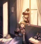  2girls alice_margatroid book bookshelf closed_eyes doll fo~do frame hat house kirisame_marisa multiple_girls shanghai_doll sitting touhou window witch_hat 