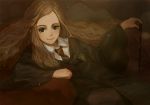  brown_hair harry_potter hermione_granger long_hair looking_at_viewer necktie school_uniform shirabi_(life-is-free) sitting smile wand 
