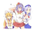  \m/ blonde_hair blue_eyes deyuran grin hat multiple_girls purple_hair red_eyes school_uniform smile touhou wink yagokoro_eirin yakumo_yukari yasaka_kanako 