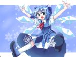  blue_eyes blue_hair bow cirno dress fang hair_bow ice mary_janes outstretched_arms pilky ribbon shoes short_hair smile snowflakes solo spread_arms touhou wings 