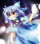  bad_id blue_hair bow cirno dress grin hair_bow ice red_eyes ribbon short_hair smile solo touhou umekichi wings 