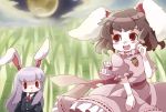  animal_ears bad_id bamboo bamboo_forest blazer brown_hair bunny_ears carrot chachi chachi_(azuzu) forest inaba_tewi long_hair moon multiple_girls nature necktie purple_hair rabbit_ears red_eyes reisen_udongein_inaba short_hair touhou 