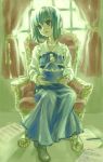  ama-tou armchair blue_eyes bob_cut chair face green_hair hat highres holding holding_hat layla_prismriver sad sheet_music short_hair sitting solo tears touhou window 