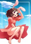  barefoot brown_hair bunny_ears carrot feet hakuchi hands inaba_tewi jewelry pendant rabbit_ears red_eyes short_hair solo touhou 