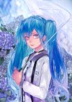  1girl blue_eyes blue_hair choker flower hatsune_miku highres long_hair solo tcb twintails umbrella vocaloid 