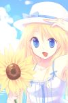  blonde_hair blue_eyes breasts flower gucchiann hat highres long_hair original pale_skin sky sleeveless smile sunflower 