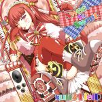 1girl album_cover ameto beatmania beatmania_iidx blush cover elbow_gloves food gloves long_hair pink_eyes red_hair redhead rondo_umigame sweets thigh-highs thighhighs two_side_up umegiri_ameto wink