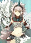  blue_eyes breasts cleavage cleavage_cutout elbow_gloves gloves hairband horn horns kirin kirin_(armor) midriff monster_hunter navel nigoro short_hair silver_hair white_hair wide_hips wink 