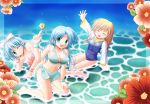   3girls barefoot bikini blonde_hair blue_hair closed_eyes flower green_eyes hoodie kneeling minami_shinju on_side pointy_ears school_swimsuit submerged swimsuit twintails water wink  