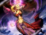  blonde_hair blood_elf breasts cleavage elf genzoman gloves green_eyes impossible_clothes impossible_shirt large_breasts long_hair mage magic midriff pointy_ears shirt staff warcraft world_of_warcraft 