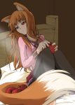  animal_ears apple bad_id brown_hair food fruit hazuki_haru highres holding holding_fruit holo red_eyes sitting solo spice_and_wolf tail wolf_ears 