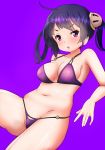 1girl ahoge azur_lane bikini black_hair breasts cleavage cowboy_shot feet_out_of_frame hair_rings hifumi_kei highres invisible_chair long_hair looking_at_viewer medium_breasts ning_hai_(azur_lane) purple_background purple_bikini simple_background sitting solo swimsuit twintails v-shaped_eyebrows violet_eyes 