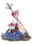  atelier_(series) atelier_rorona blue_eyes boots brown_dress dress esukee gust hat legs pink_hair puni rororina_fryxell short_hair slime staff white_background 