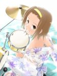  bow brown_eyes brown_hair drum drum_set drumsticks from_above grin hairband instrument japanese_clothes k-on! kimono looking_up see-through short_hair smile solo tainaka_ritsu undressing wancho water yukata 
