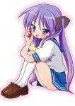  blush cellphone hiiragi_kagami long_hair lucky_star misooden phone purple_hair school_uniform serafuku twintails 