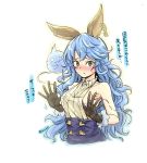  1girl animal_ears armpits bare_shoulders beltskirt black_gloves blue_hair blue_skirt blush breasts brown_eyes buttons clothes_grab collarbone d: dress earrings embarrassed erun_(granblue_fantasy) eyebrows_visible_through_hair ferry_(granblue_fantasy) ghost gloves granblue_fantasy hands hoop_earrings jewelry long_hair looking_at_viewer open_mouth palms sideboob simple_background single_earring skirt sleeveless small_breasts solo_focus sweatdrop text translation_request twitter_username umeboshi_(lazy_lazy) upper_body white_background 
