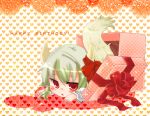  blush bow chibi engrish ex-keine ex_keine gift green_hair heart horns kamishirasawa_keine lying multicolored_hair present ranguage red_eyes ribbon tail takamura touhou young 