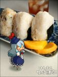  blue_hair chibi food hat kamishirasawa_keine kawanabe minigirl onigiri takuan touhou 