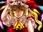  bad_id blonde_hair flandre_scarlet hat ponytail red_eyes short_hair side_ponytail solo stare touhou wrist_cuffs 