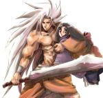  1boy black_hair brown_eyes carrying character_request guilty_gear hair_ribbon kliff_undersn long_hair lowres manly ribbon shirtless smile sword weapon white_background white_hair young 