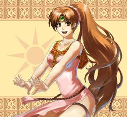  1girl :d brown_hair circlet dress earrings fire_emblem fire_emblem:_mystery_of_the_emblem fire_emblem:_shin_ankoku_ryuu_to_hikari_no_tsurugi fire_emblem_mystery_of_the_emblem intelligent_systems jewelry linda_(fire_emblem) linda_(fire_emblem_mystery_of_the_emblem) long_hair maruchi_(zens24) nintendo no_panties open_mouth ponytail side_slit sleeveless smile solo tactician thigh_strap very_long_hair 