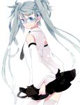  1girl bespectacled detached_sleeves glasses green_hair hair_ornament hairclip hatsune_miku long_hair looking_back necktie skirt smile solo spring_onion thigh-highs tomann twintails very_long_hair vocaloid white_background 
