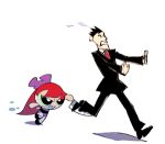  1boy 1girl animated animated_gif blossom_(ppg) bow chasing hair_bow knife lowres powerpuff_girls redhead running saliva sweat yoshinari_you 