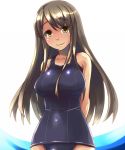  breasts brown_hair collarbone large_breasts long_hair navel one-piece_swimsuit original school_swimsuit shiny smile solo swimsuit wet yellow_eyes ygo 