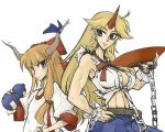  abs back-to-back belt blonde_hair bow breasts brown_eyes brown_hair chain chains cosplay costume_switch flat_chest hair_bow horn horns hoshiguma_yuugi ibuki_suika large_breasts long_hair midriff multiple_girls muscle nagihito navel red_eyes ribbon shirt skirt touhou 