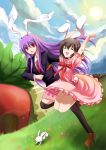  \o/ ^_^ animal_ears arms_up brown_hair bunny bunny_ears carrot closed_eyes dress happy inaba_tewi jumping multiple_girls outstretched_arms purple_hair rabbit rabbit_ears red_eyes reisen_udongein_inaba themed_object thigh-highs thighhighs touhou w_rong 