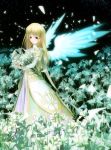  blush dress flower green_eyes highres long_hair night original petals solo tom_(artist) wings 
