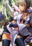  :d black_legwear blonde_hair blue_eyes bow_(weapon) breasts brown_hair butterfly center_opening cleavage crop_top detached_sleeves elbow_gloves equis_(armor) feathers gloves hair_ornament hair_tubes leaning loincloth looking_away midriff miniskirt monster_hunter monster_hunter_frontier nature navel no_bra open_mouth outdoors quiver shadow shawl short_hair side_slit skirt smile thigh-highs thighhighs v-mag weapon zettai_ryouiki 