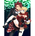  1boy 1girl animal_ears basket bat beatrice big_bad_wolf_(cosplay) big_bad_wolf_(grimm) black_battler blonde_hair blue_eyes breasts cape chain collar cosplay crescent_moon dress fang fingerless_gloves garter_straps gloves hair_bun halloween hood large_breasts leg_lift little_red_riding_hood little_red_riding_hood_(cosplay) little_red_riding_hood_(grimm) moon open_mouth picnic_basket plaid red_eyes redhead smile sousui_hani spiked_collar spikes thigh-highs umineko_no_naku_koro_ni ushiromiya_battler white_legwear wolf_ears 