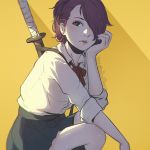  1girl blue_eyes blush clockwork-cadaver earrings hair_over_one_eye jewelry katana lips looking_at_viewer nose original redhead school_uniform short_hair skirt sleeves_rolled_up solo squatting sword watermark weapon web_address yellow_background 