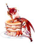  1girl armor armored_dress braid detached_sleeves elesis_(elsword) elsword food fruit highres mellchi pancake plate red_eyes redhead saber_knight_(elsword) shoes short_hair skirt smile solo strawberry sword thigh-highs weapon whipped_cream white_background white_legwear white_skirt 