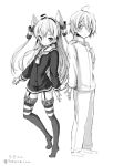  1boy 1girl admiral_(kantai_collection) ahoge amatsukaze_(kantai_collection) artist_name back-to-back bangs expressionless full_body garter_straps greyscale hair_between_eyes hair_tubes kantai_collection long_hair long_sleeves looking_at_viewer military military_uniform monochrome naval_uniform neckerchief sailor_dress simple_background smile sorairo_len standing striped striped_legwear tareme thigh-highs triangle_mouth tsurime twitter_username two_side_up uniform white_background windsock zettai_ryouiki 