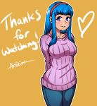  1girl akairiot arms_behind_back blue_hair breasts cowboy_shot denim hairband jeans long_hair mascot original pants ribbed_sweater sidelocks solo sue_etta sweater thank_you violet_eyes wide_hips 