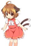  1girl animal_ears brown_eyes brown_hair cat_ears cat_tail chen dress multiple_tails nekomata no_hat pila-pela puffy_short_sleeves puffy_sleeves red_dress shirt short_sleeves solo tail touhou 