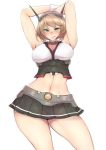  :d arms_behind_head arms_up bare_arms bare_legs bifidus blush breasts collar crop_top gloves green_eyes hairband kantai_collection large_breasts looking_at_viewer midriff miniskirt mutsu_(kantai_collection) open_mouth short_hair skirt smile tongue tongue_out 