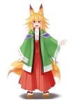  1girl :d animal_ears blonde_hair fang fox_ears fox_tail geta hakama haori highres japanese_clothes long_hair miko multiple_tails open_mouth orange_eyes original senbon smile tail transparent_background two_tails 