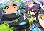  +_+ 2girls aori_(splatoon) bike_shorts biting black_hair boots brown_eyes domino_mask fangs frown gloves gun headgear highres holding hotaru_(splatoon) lip_biting long_hair long_sleeves looking_at_another looking_at_viewer mask multiple_girls octarian open_mouth pointy_ears rifle shirt short_hair smile sniper_rifle splatoon squid tentacle_hair vest weapon white_hair yu_zhi 