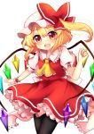  1girl ascot black_legwear blonde_hair bow fang flandre_scarlet hat hat_bow highres mob_cap open_mouth pantyhose red_eyes ruhika sash side_ponytail solo touhou wings wrist_cuffs 